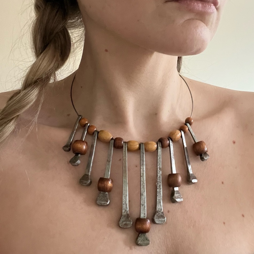 Authentic 1960’s Wood Bead and Hammered Metal Necklace